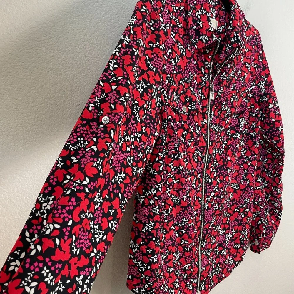 Michael Kors Womens Small Floral Zip Up Blouse‎ Roll Tab Sleeve Shirt Top